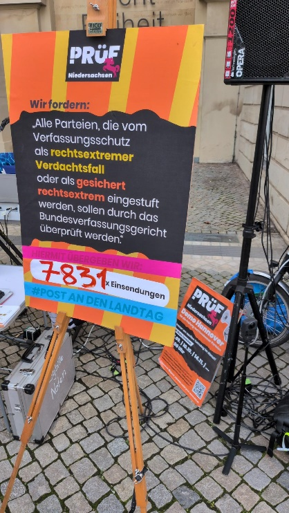 Übergroße Postkarte von PRÜF. Oben das Prüflogo. Darunter die PRÜF Forderung: "Alle Parteien, die vom Verfassungsschutz als rechtsextremer Verdachtsfall oder als gesichert rechtsextrem eingestuft werden, sollen durch das Bundesverfassungsgericht überprüft werden."
Darunter steht 7831 Mal Einsendungen
Darunter steht "#PostAnDenLandtag"